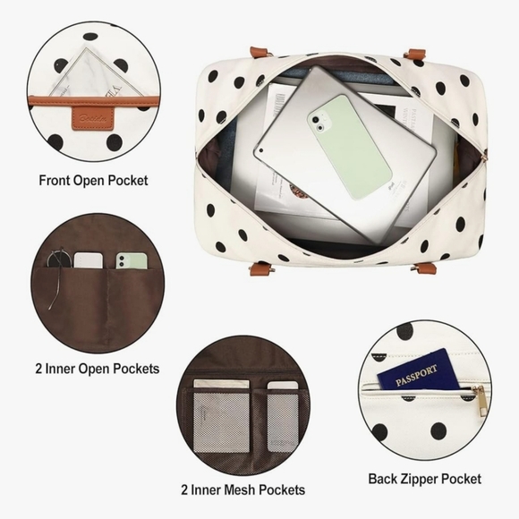 NWT Polka Dot Weekend Travel Bag Set in White & Brown - Picture 4 of 7